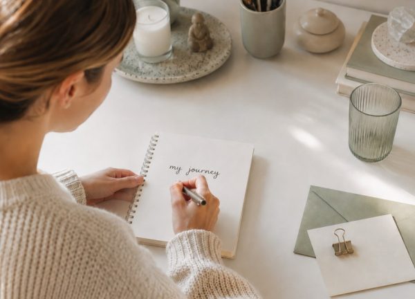 woman writing down her journey after talking to counsellor